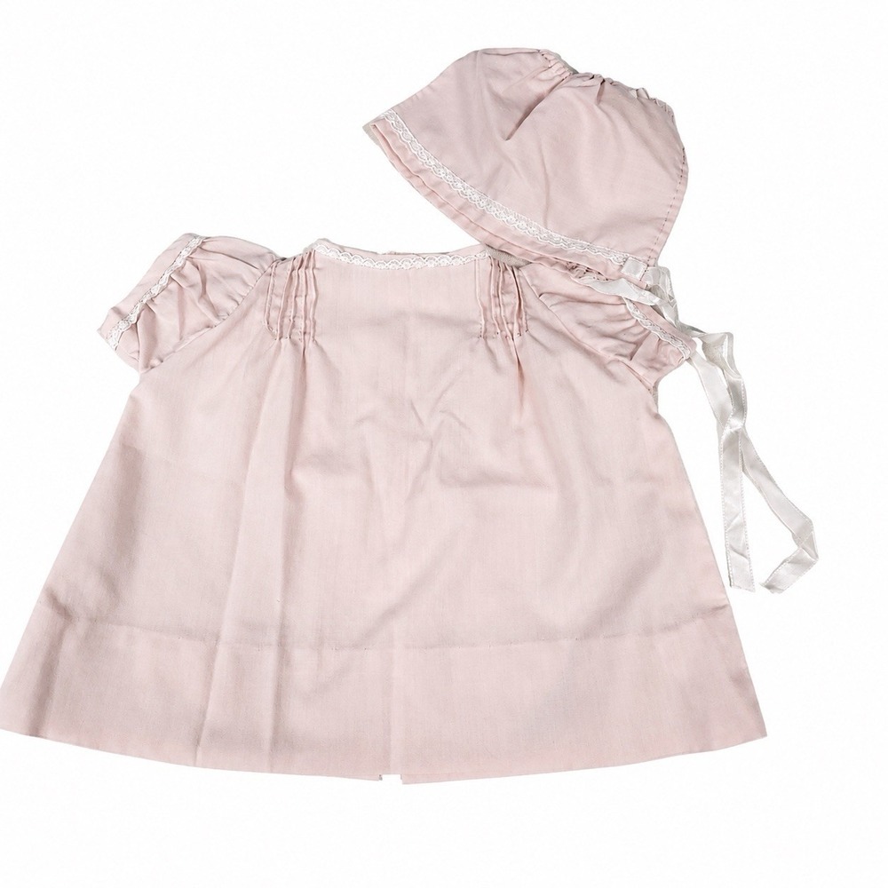 Handmade Dress Bonnet Set Girls‎ Newborn Pink Vintage Lace Eyelet Heirloom 80s